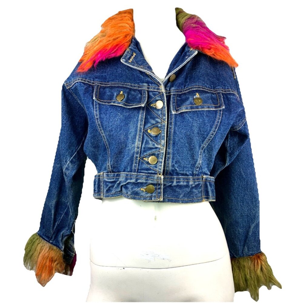CUTE late 90s Y2k Shaggy Neon Trim Denim Trucker Crop Jacket Jeans Grunge